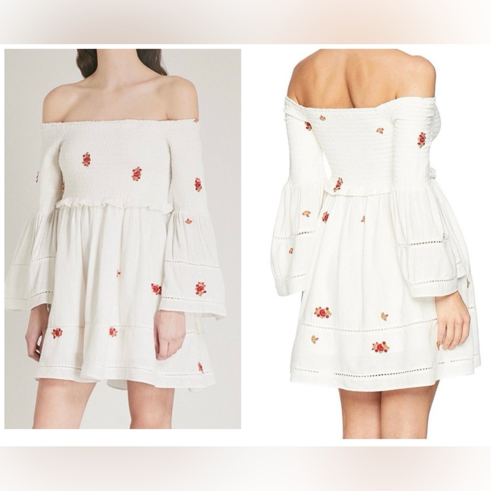Free People Cream Elegant Off-Shoulder Dress with Floral Accents Embroidery